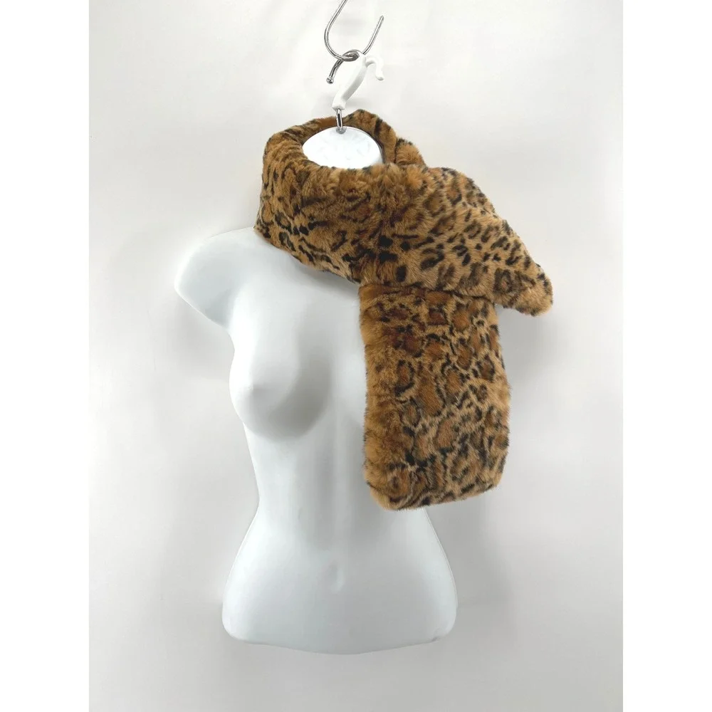 Bloomingdales Real Rabbit Fur Scarf Brown Leopard Mob Wife Luxury Rex Silk Lined